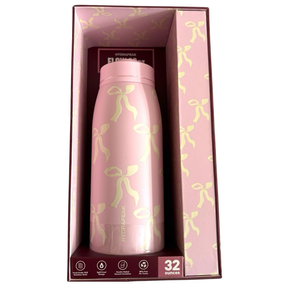 Hydrapeak Pink Bow Flow 32oz Insulated Water‎ Bottle Artisan Collection NEW